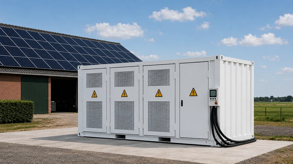 Batterij om stroom op te slaan bij schuur met zonnepanelen.